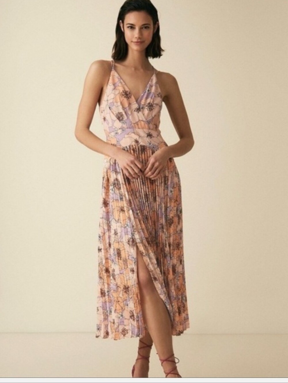Reiss Midi Dress Corinne Floral Pleated Sleeveless Dress